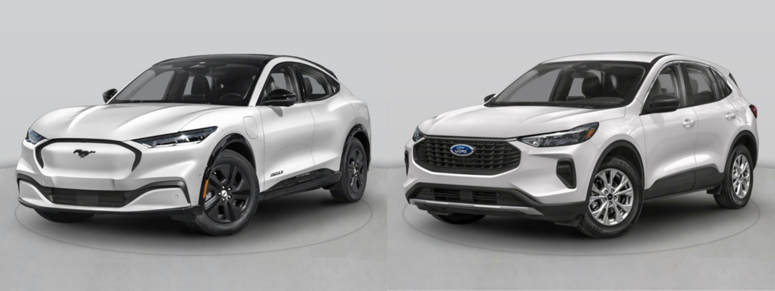 A photo of a 2025 Ford Mustang Mach-E and a 2025 Ford Escape